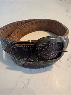 Fossil Leather Patchwork Rivet Belt with Distressed Metal Buckle